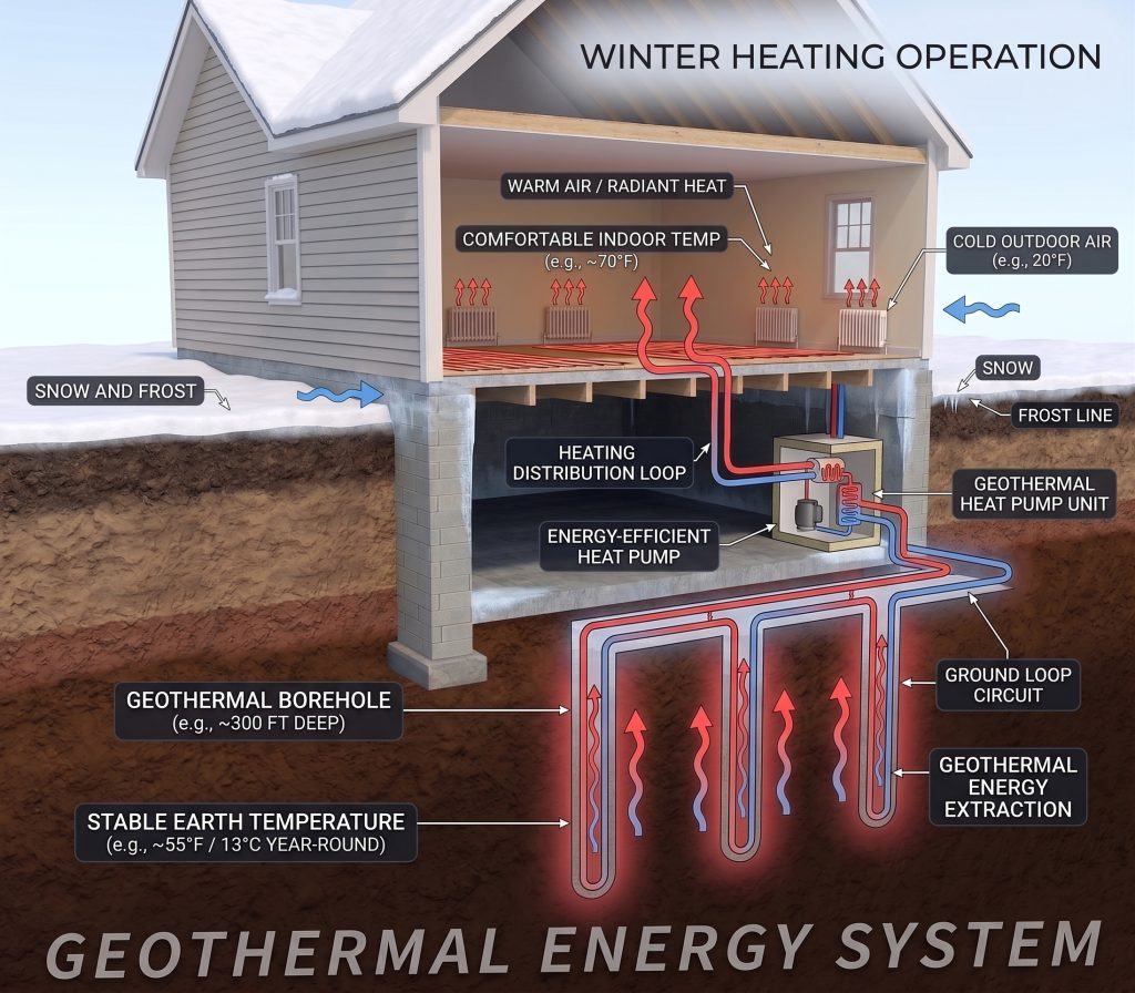 diagram of how geothermal pulls heat from the earth