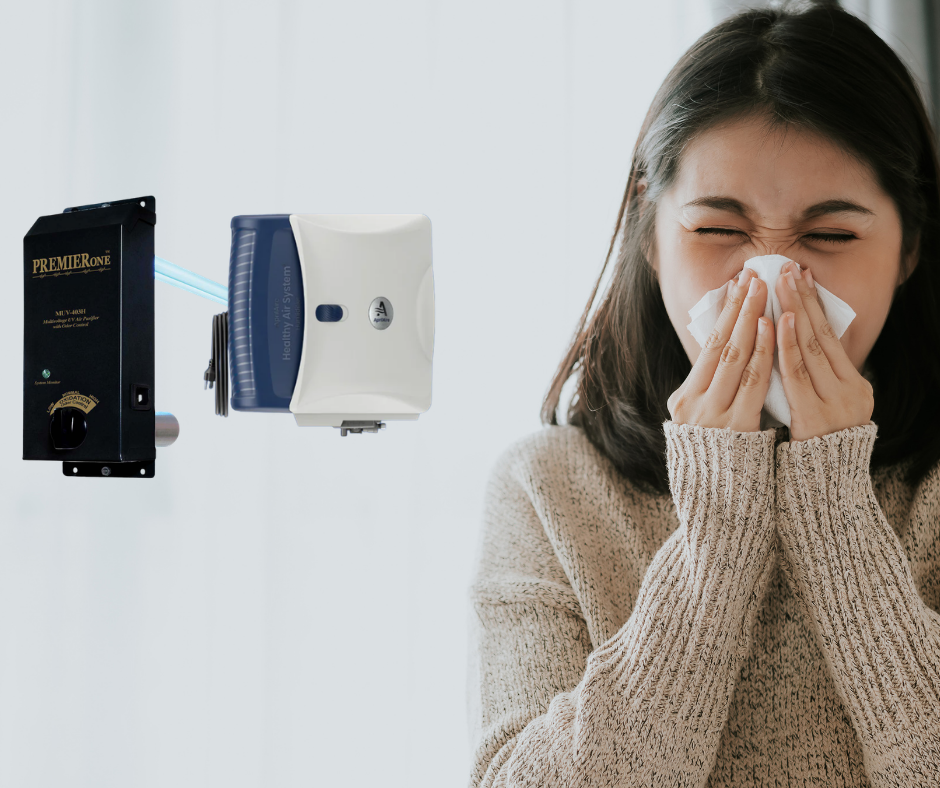 Woman sneezing promoting Air purifier and humidifier